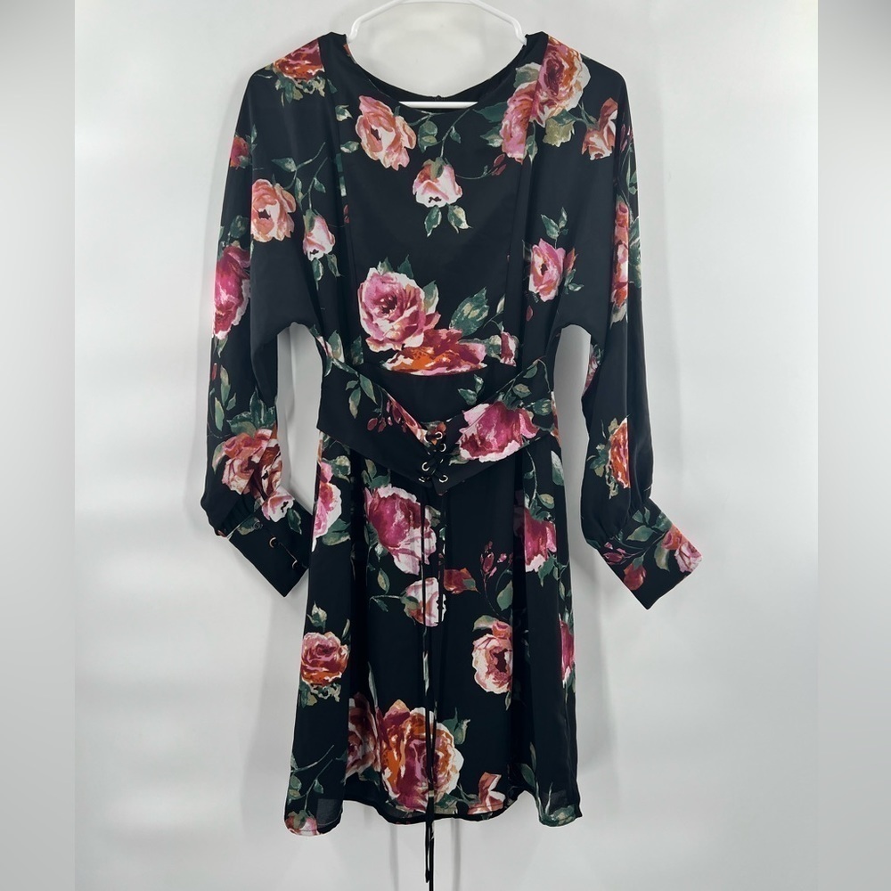 Everly Womens Pink Black Floral Long Sleeve Dress With Lace Up Waist Size S